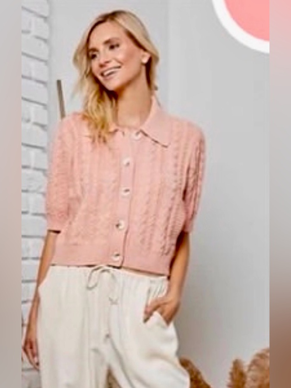 dh NEW YORK Cosette Pale Peach Short-Sleeve Cable knit Button Cardigan